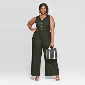 Who What Wear V-Neck Belted Jumpsuit in Dark Green